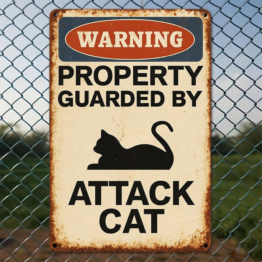 Funny Attack Cat Metal Sign Vintage Security Warning Notice Fence Gate Wall Art