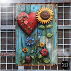 Rustic Sunflower Red Heart Metal Sign - 3D Wood Effect Floral Tin Decor