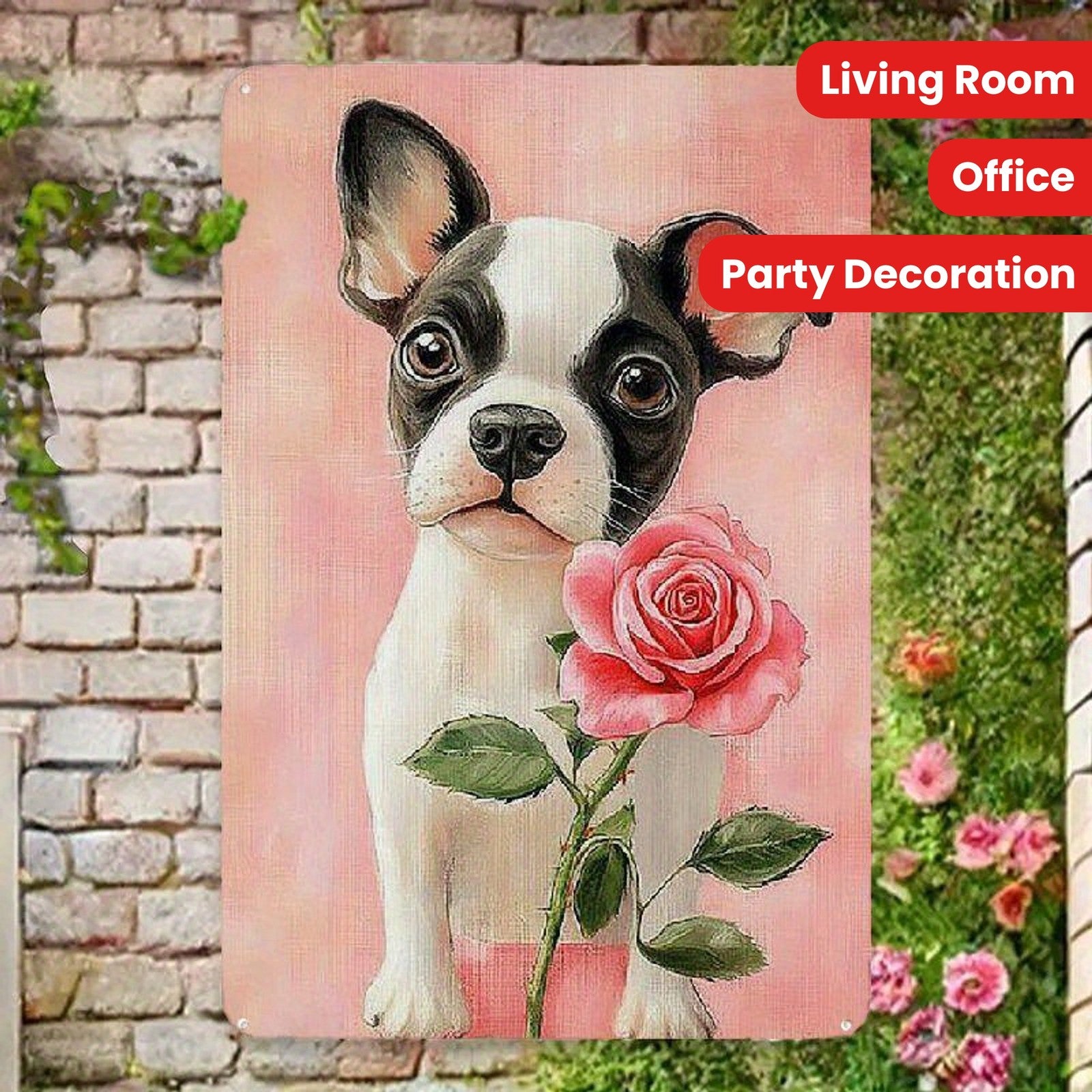 Cute Boston Terrier Metal Sign - Retro French Bulldog Pink Rose Tin Decor