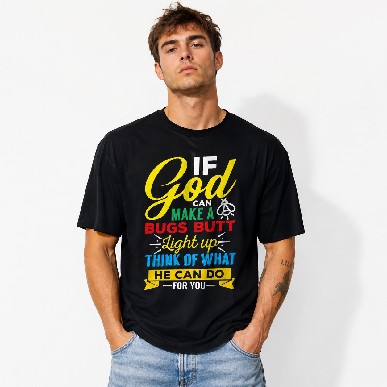 If God Can Make a Bug Christian Faith Graphic Men’s T-Shirt Funny Religious Tee