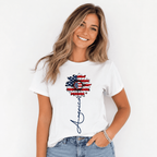 Patriotic USA Flag Sunflower Graphic Tee - America Script Floral Summer T-Shirt