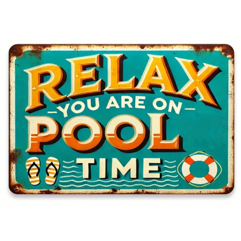 Relax Swimming Pool Metal Tin Sign - Rustic Beach House Patio Wall Art Decor