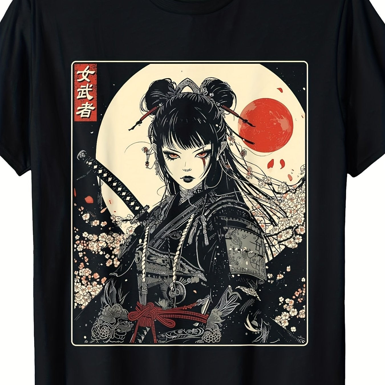 Japanese Gothic Samurai Woman Katana Graphic T-Shirt Dark Anime Style Tee