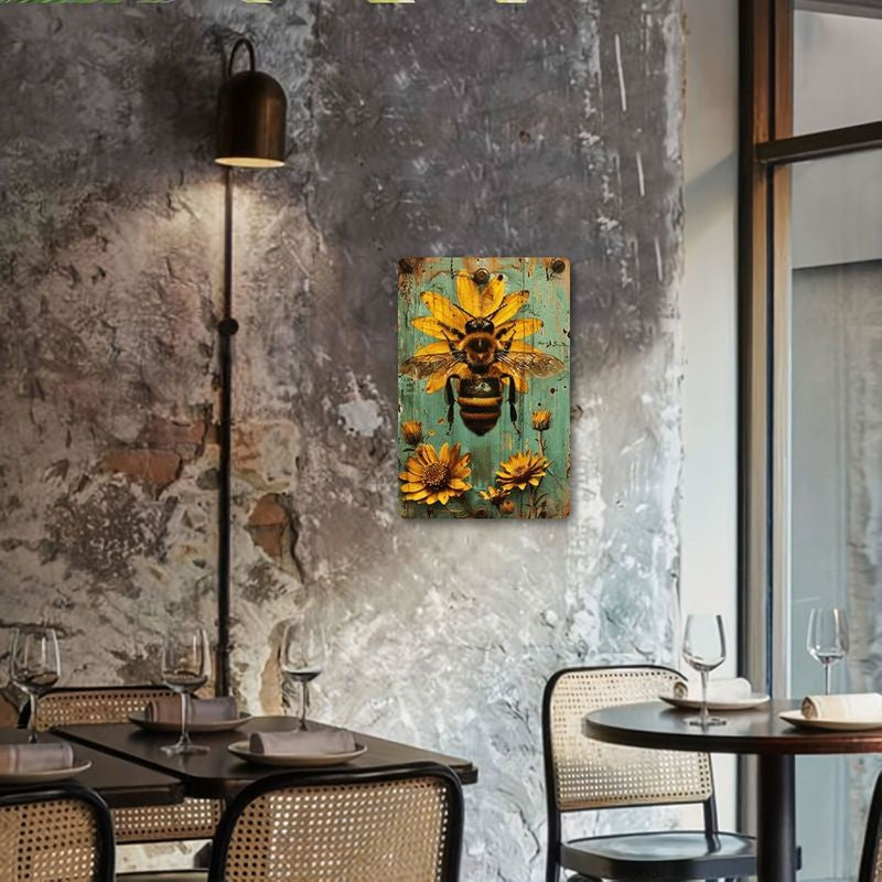 Rustic Bee Tin Sign - Sunflower Metal Poster Wall Art Decor for Home