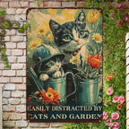 "Easily Distracted by Cats and Garden" Metal Sign - Cute Kitten Tin Wall Art