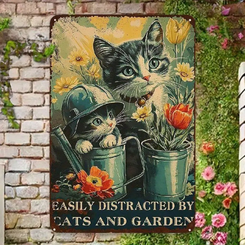 "Easily Distracted by Cats and Garden" Metal Sign - Cute Kitten Tin Wall Art