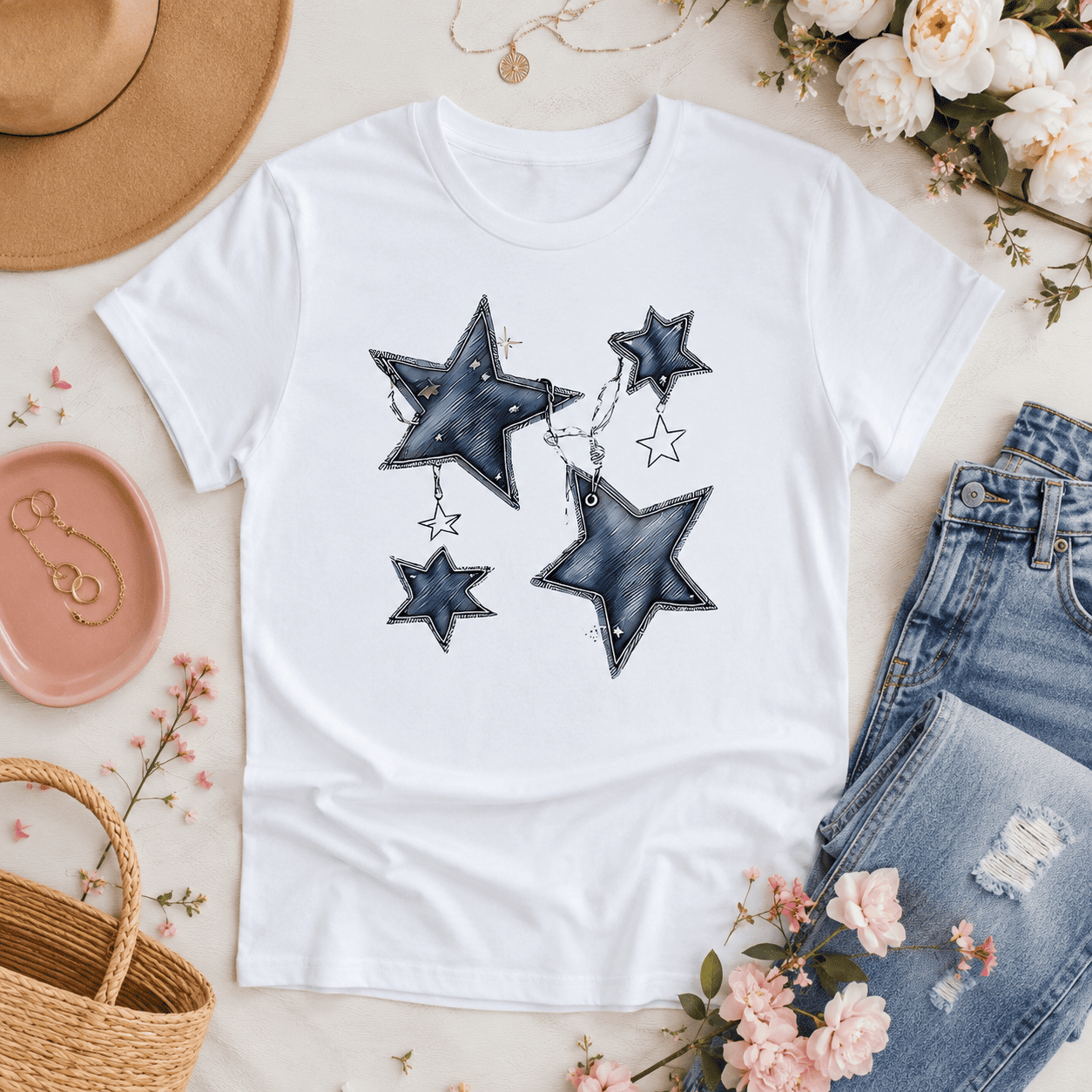 Denim Texture Stars T-Shirt | Chic Patchwork Aesthetic White Tee