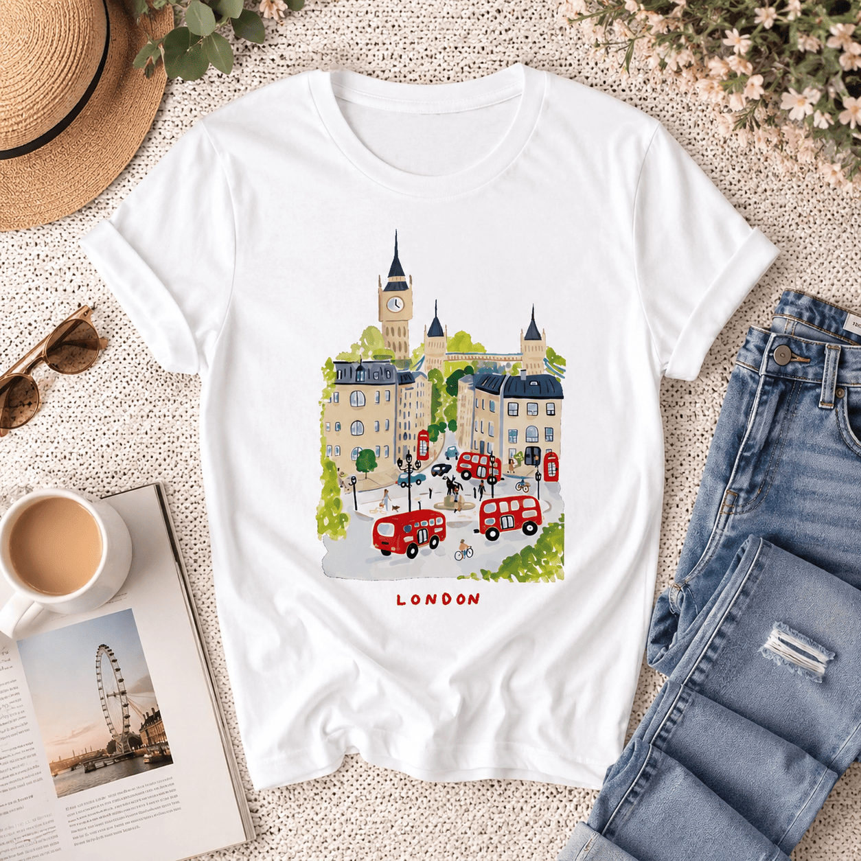 Women London Big Ben Graphic T-Shirt Red Taxi UK Travel Casual Crew Neck Tee