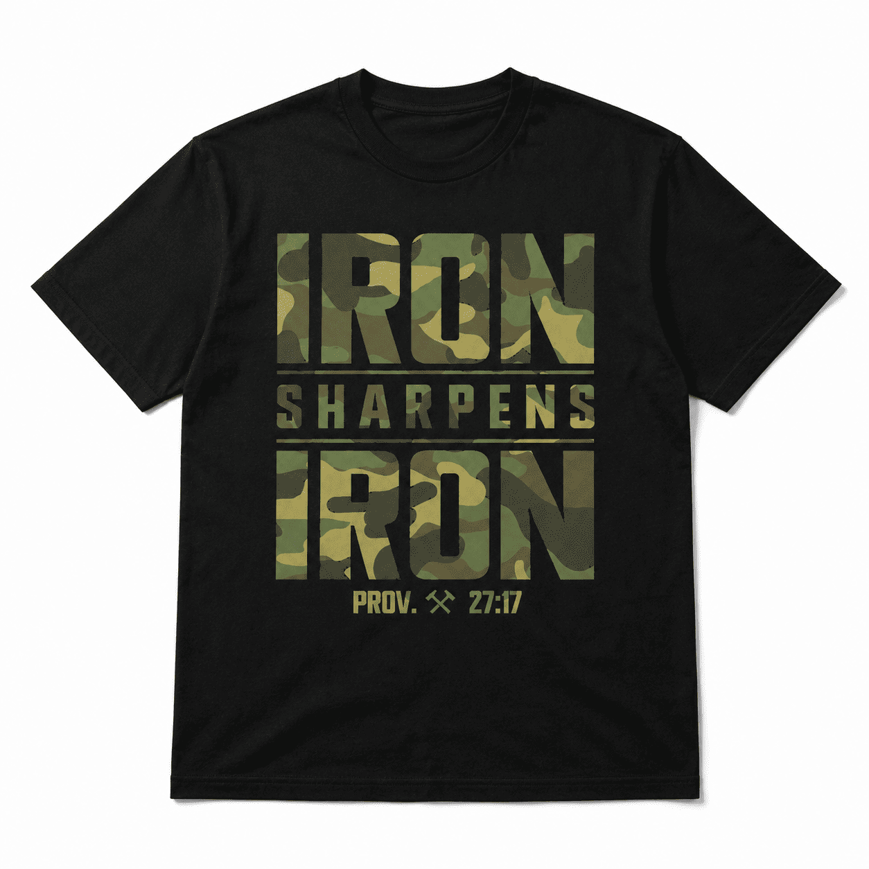 Iron Sharpens Iron Christian Bible Verse Graphic T-Shirt Camouflage Faith Tee