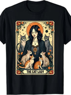 Cat Lady Tarot Card Graphic T-Shirt Gothic Witchy Cat Mom Mystic Aesthetic Tee