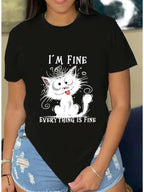 Women Funny Cat I'm Fine Everything Is Fine Graphic Casual Crew Neck Tee Top