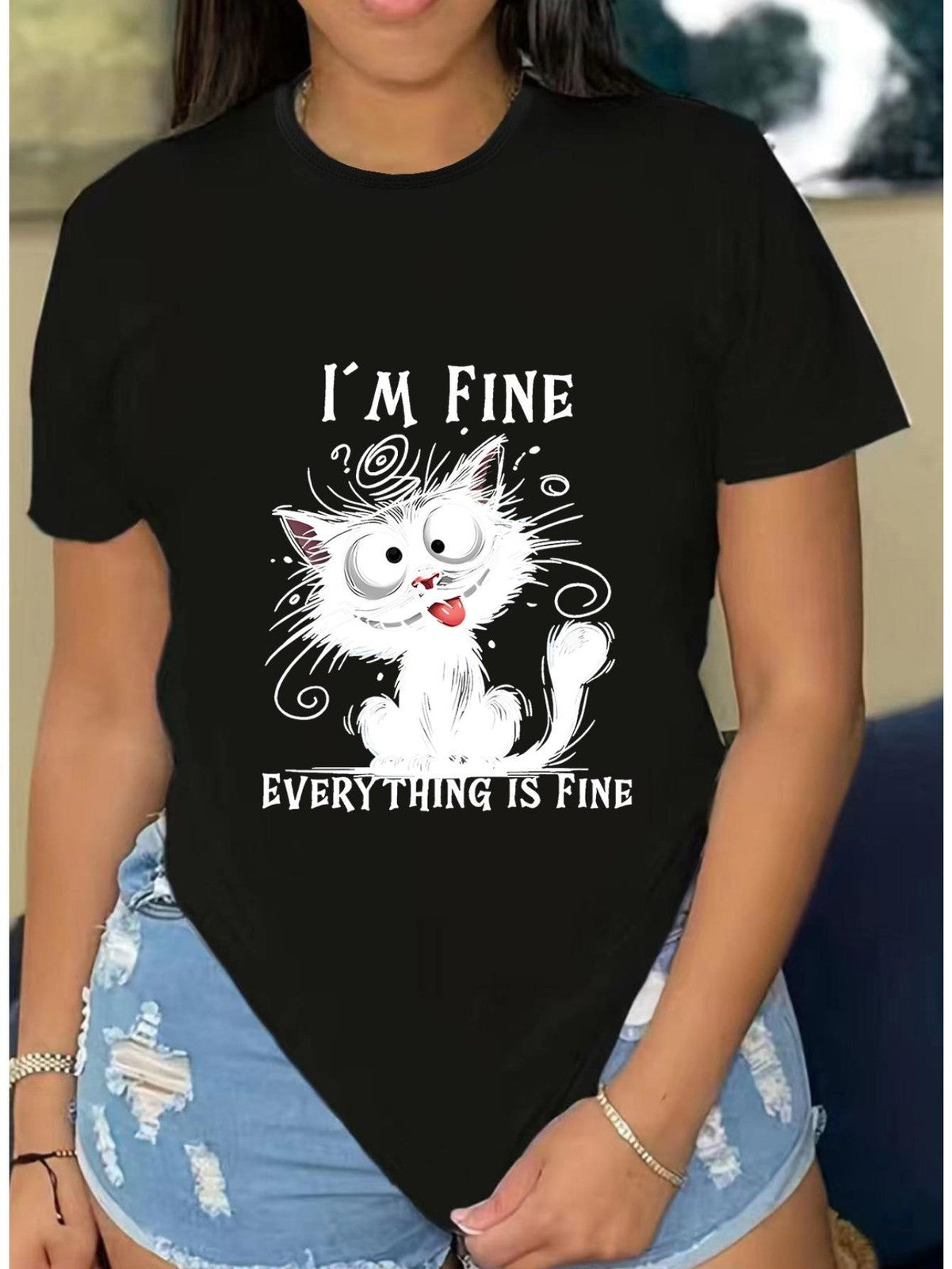 Women Funny Cat I'm Fine Everything Is Fine Graphic Casual Crew Neck Tee Top