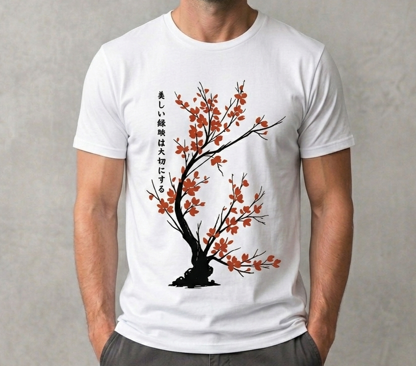Japanese Cherry Blossom (Sakura) Bonsai Tree Graphic Tee T-Shirt