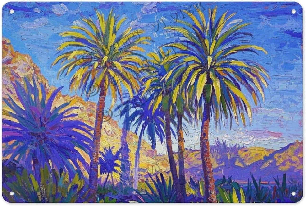 Vibrant Palm Tree Tin Sign - Coastal Landscape Metal Poster Wall Art Decor