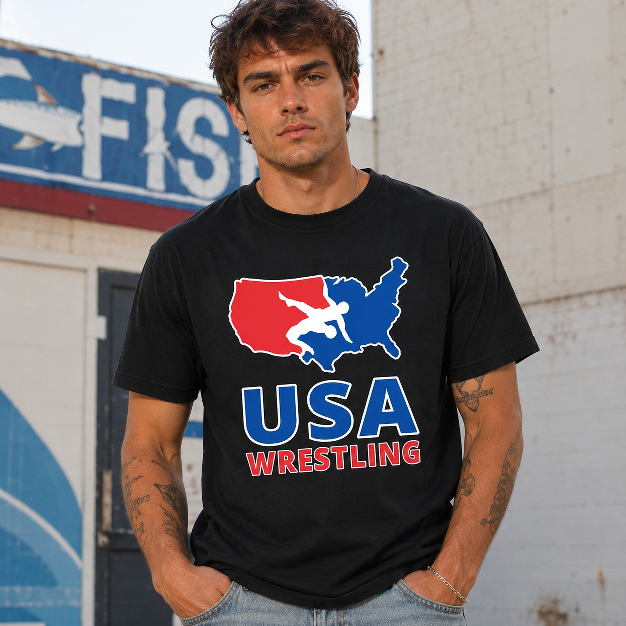 USA Wrestling Graphic T-Shirt Black Retro Sports Casual Tee