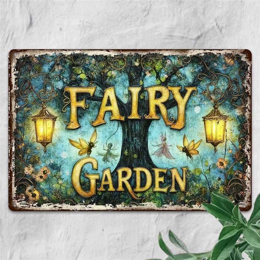 Whimsical Pixie Woodland Tin Sign - Antique Mythical Garden Art Metal Poster