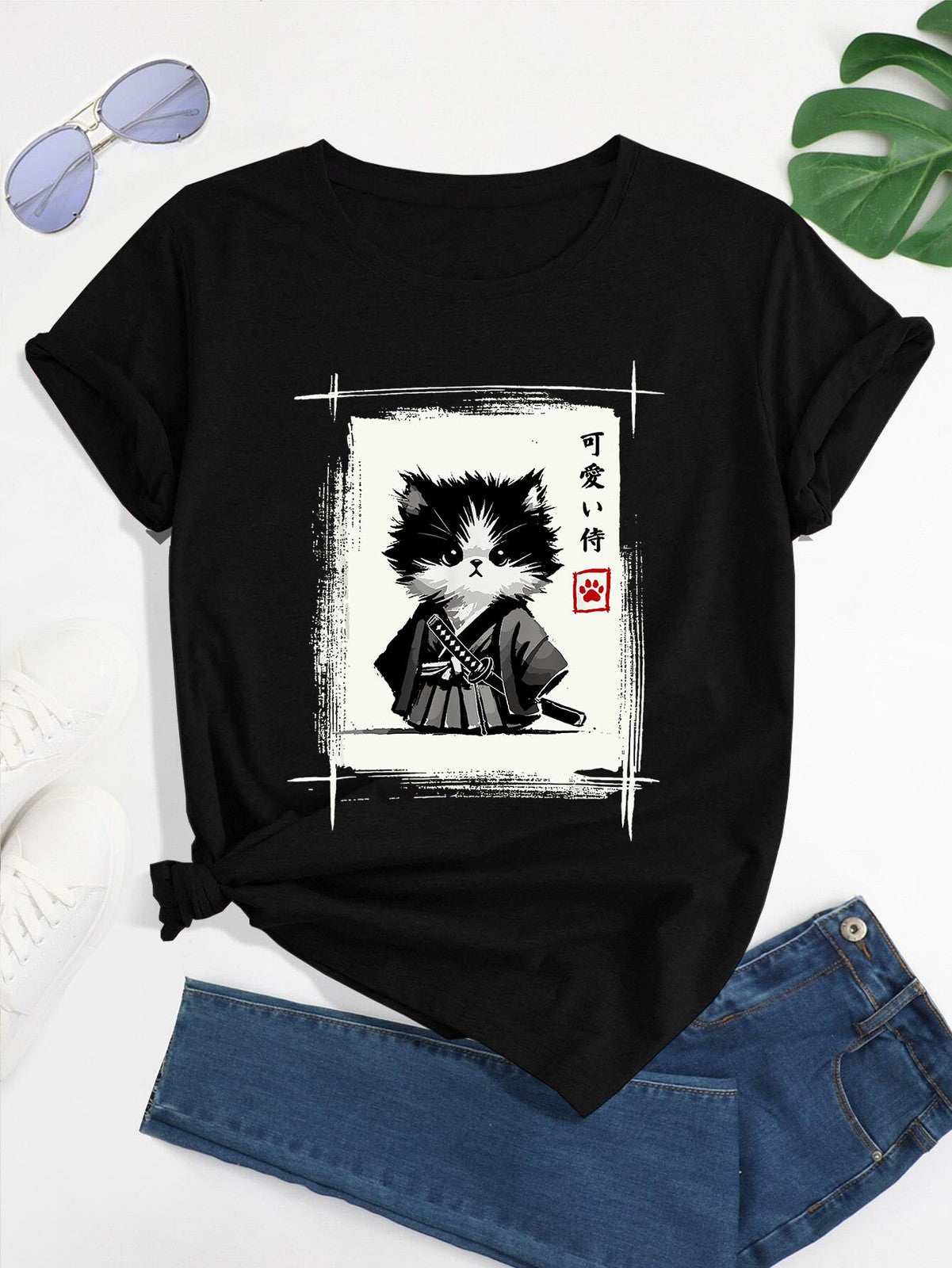 Japanese Samurai Kitten T-Shirt - Cute Neko Graphic Tee - Aesthetic Anime Shirt