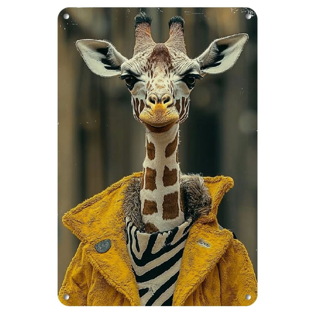 Funny Giraffe in Coat Metal Sign Vintage Wild Animal Retro Costume Wall Decor