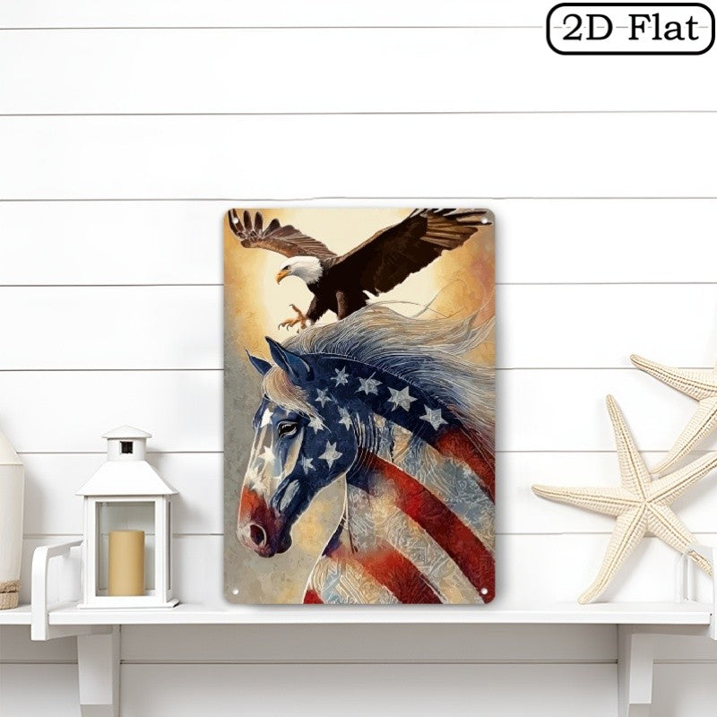 Patriotic Horse & Eagle Metal Sign - American Flag Tin Wall Art Decor