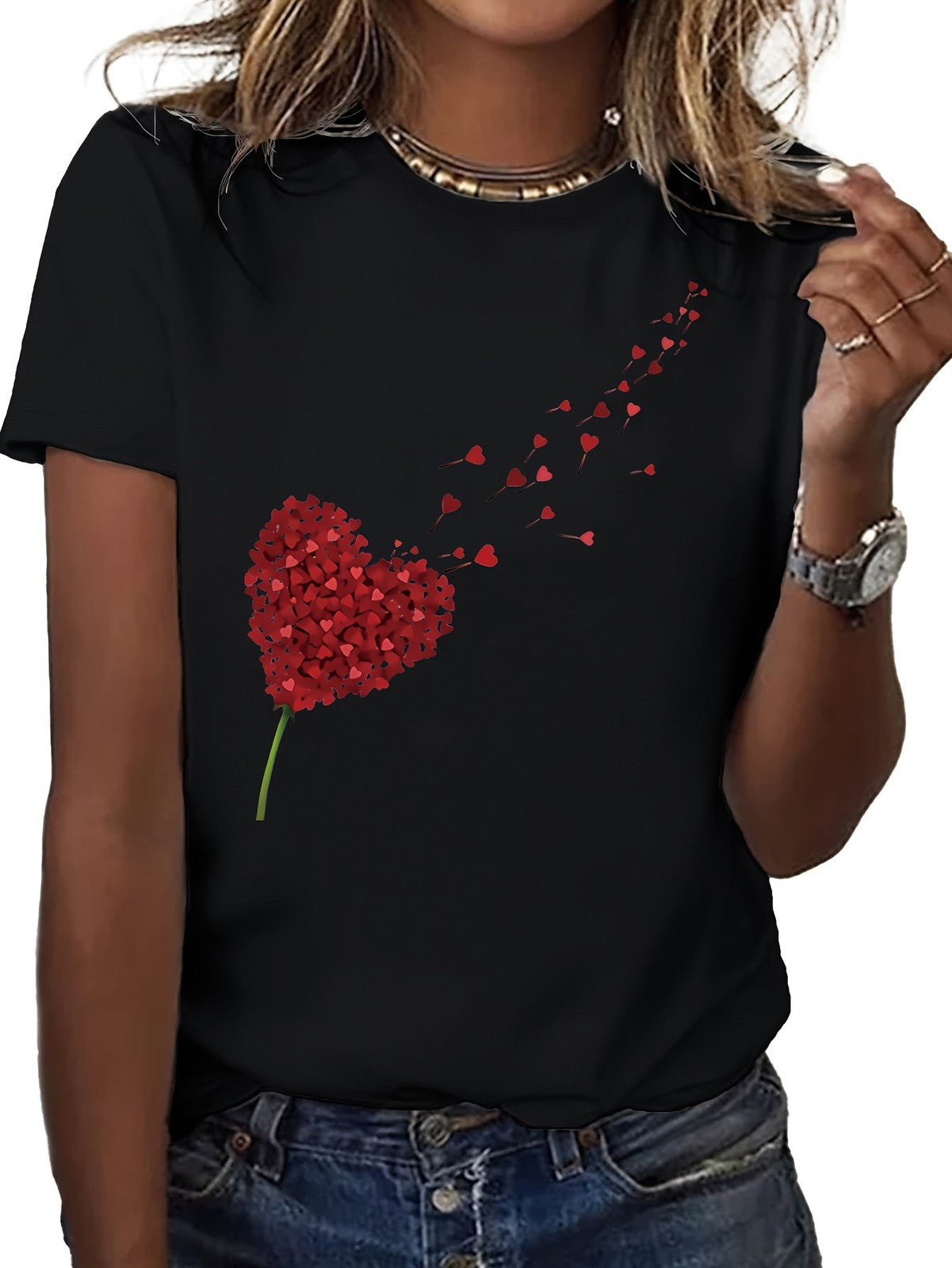 Women's Heart Print Mother's Day Graphic Crew Neck Casual Short Sleeve T-Shirt