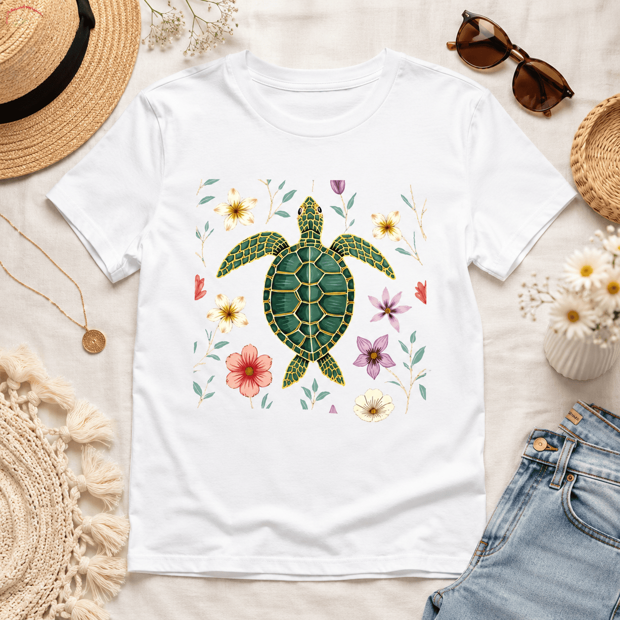 Women‘s Sea Turtle Floral Graphic T-Shirt Beach Summer Casual Tee