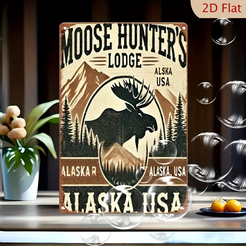 Moose Hunter's Lodge Metal Sign - Alaska Tin Wall Art Decor Plaque
