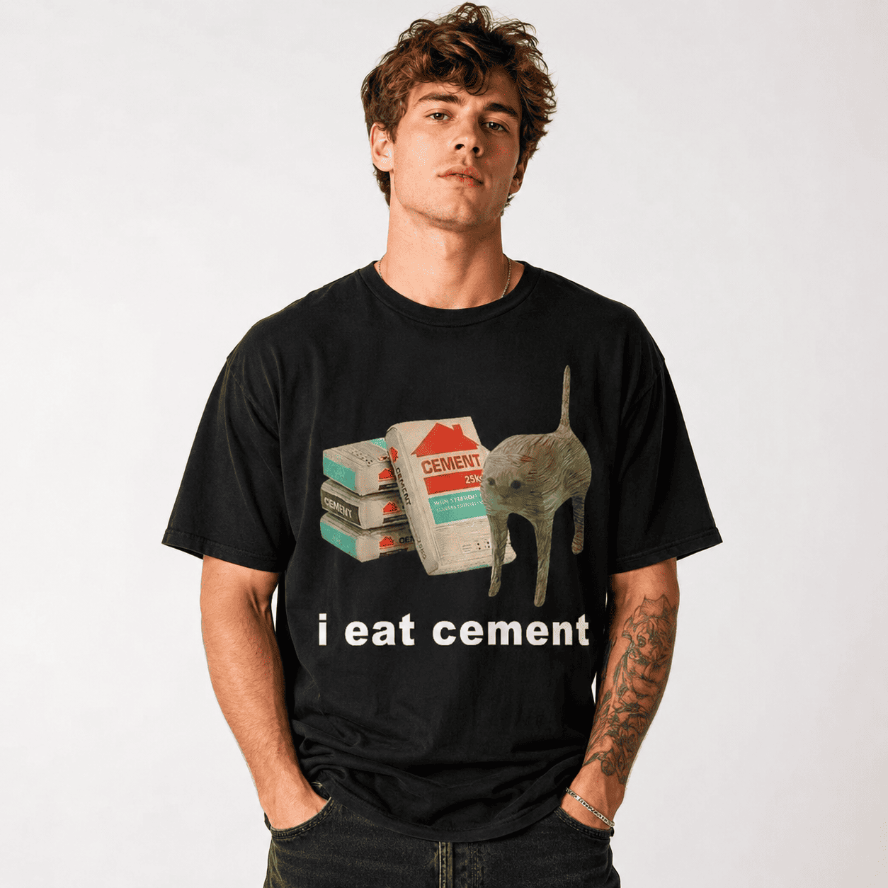 I Eat Cement Funny Cat Meme Shirt Mens Graphic Humor Black T-Shirt