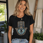Women Boho Hamsa Hand Evil Eye Graphic T-Shirt Casual Short Sleeve Tee Top