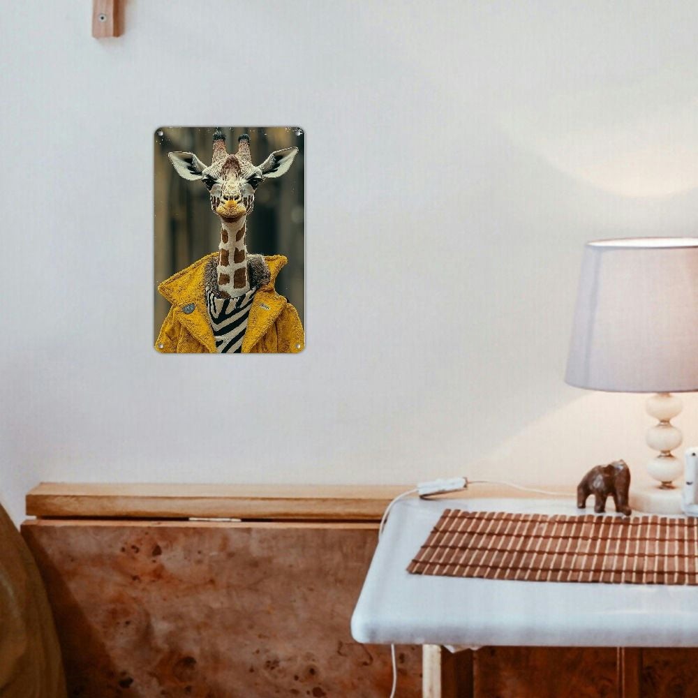 Funny Giraffe in Coat Metal Sign Vintage Wild Animal Retro Costume Wall Decor