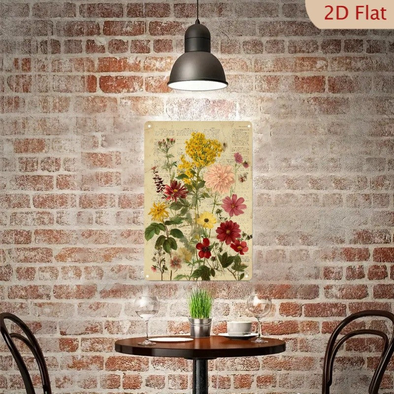 Cottagecore Wildflower Herbarium Tin Sign - Antique Script Metal Poster Art