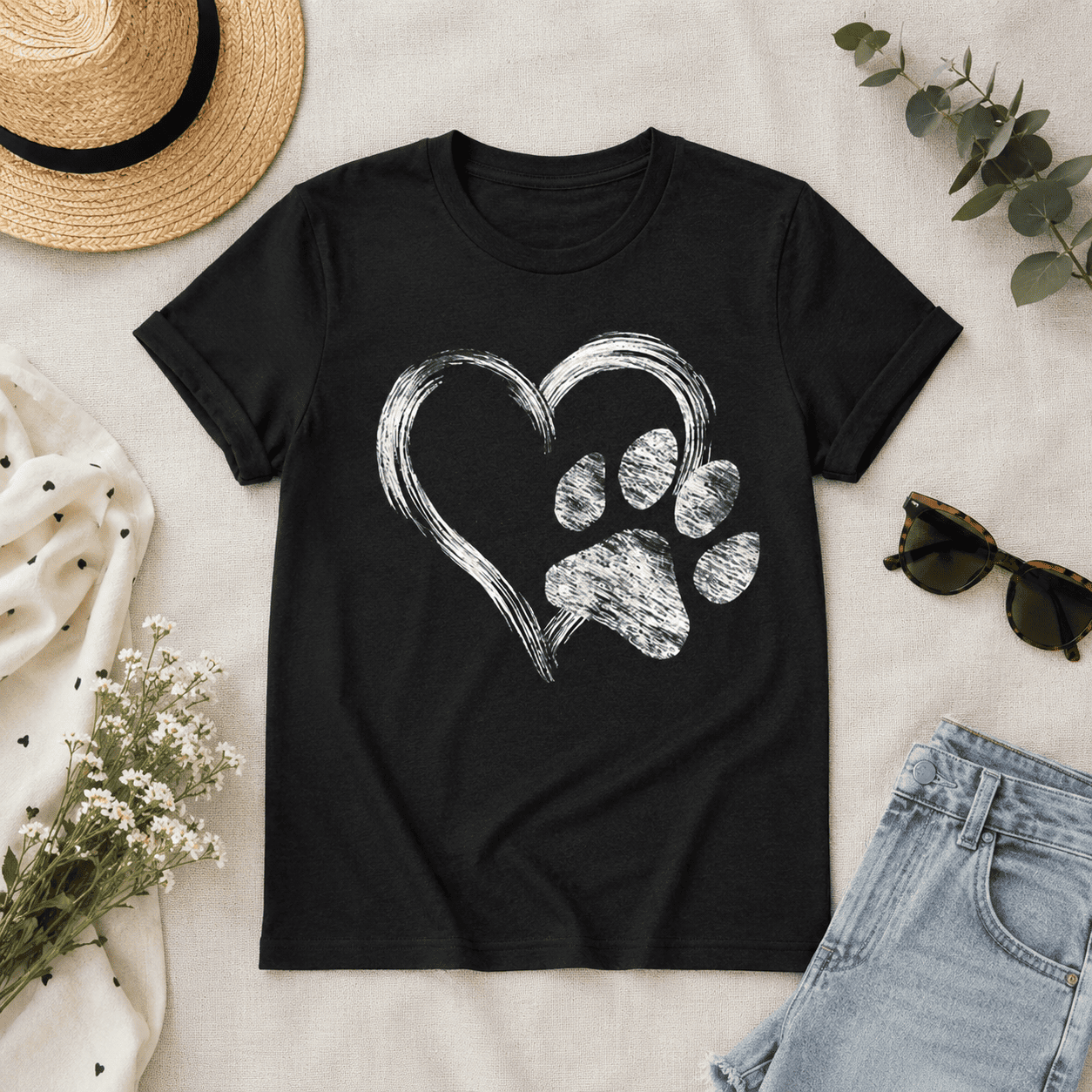 Heart Paw Print T-Shirt | Artistic Dog & Cat Lover Graphic Tee