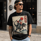 Funny Samurai Cat Riding T-Rex Ukiyo-E Style Graphic T-Shirt Streetwear Tee