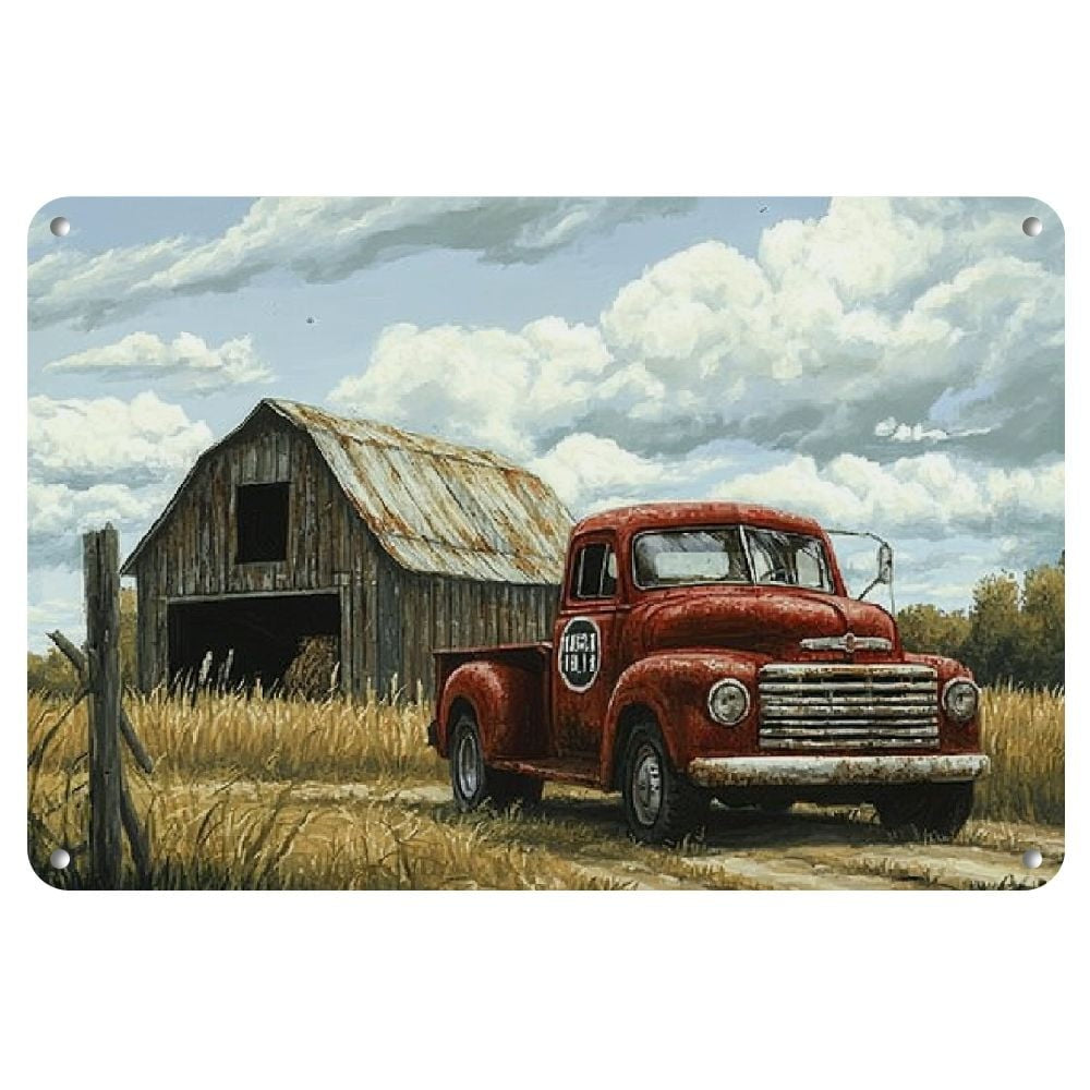 Retro Old Red Truck Metal Tin Sign Vintage Farmhouse Barn Country Roadside Wall