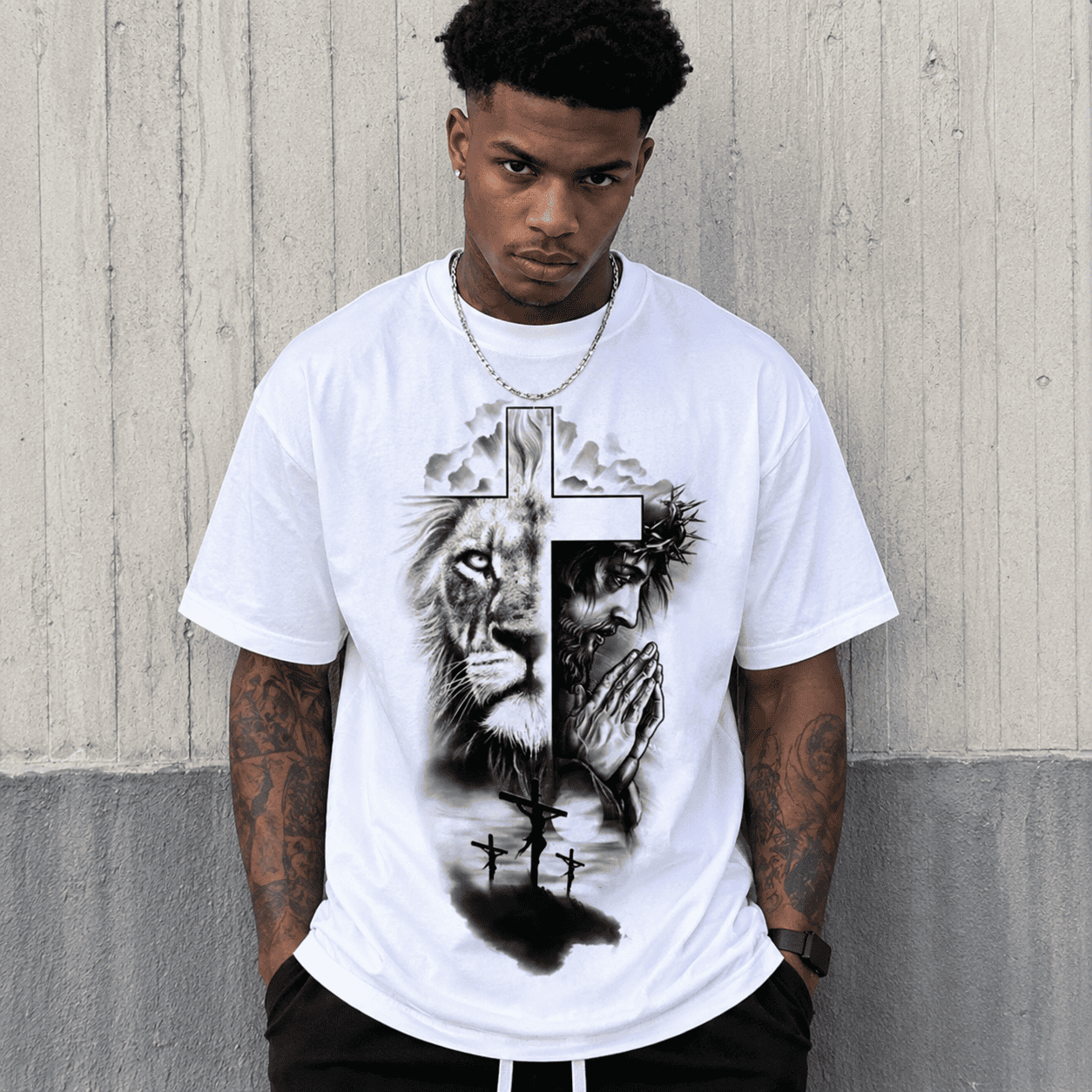 Lion of Judah and Jesus Crown of Thorns Graphic Tee - Christian Faith T-Shirt