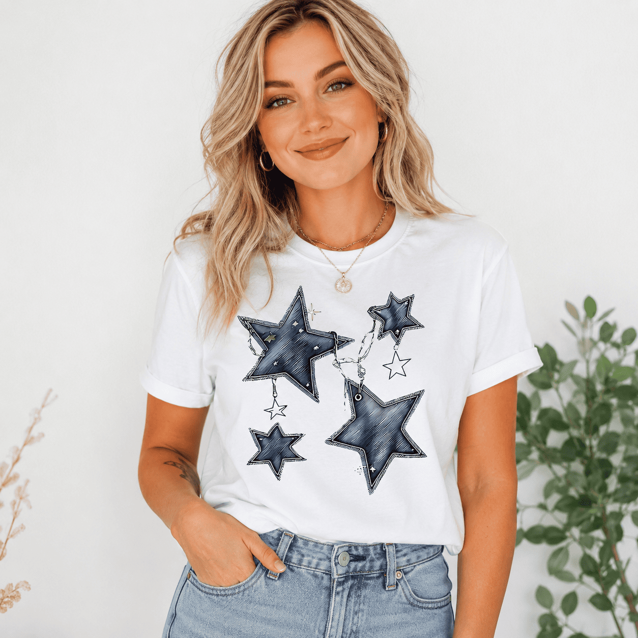 Denim Texture Stars T-Shirt | Chic Patchwork Aesthetic White Tee