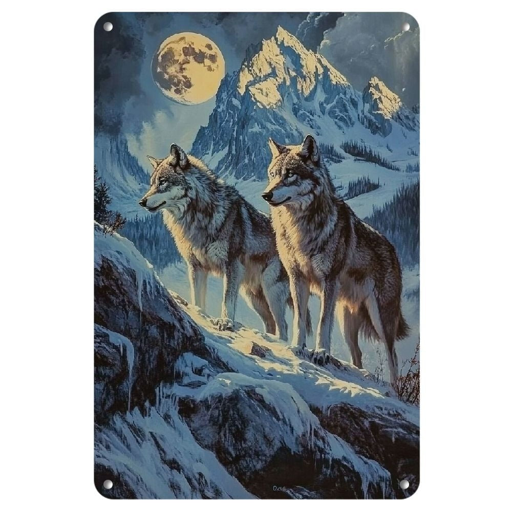 Rustic Wolves Metal Sign Retro Howling Wolf Mountain Landscape Wall Decor