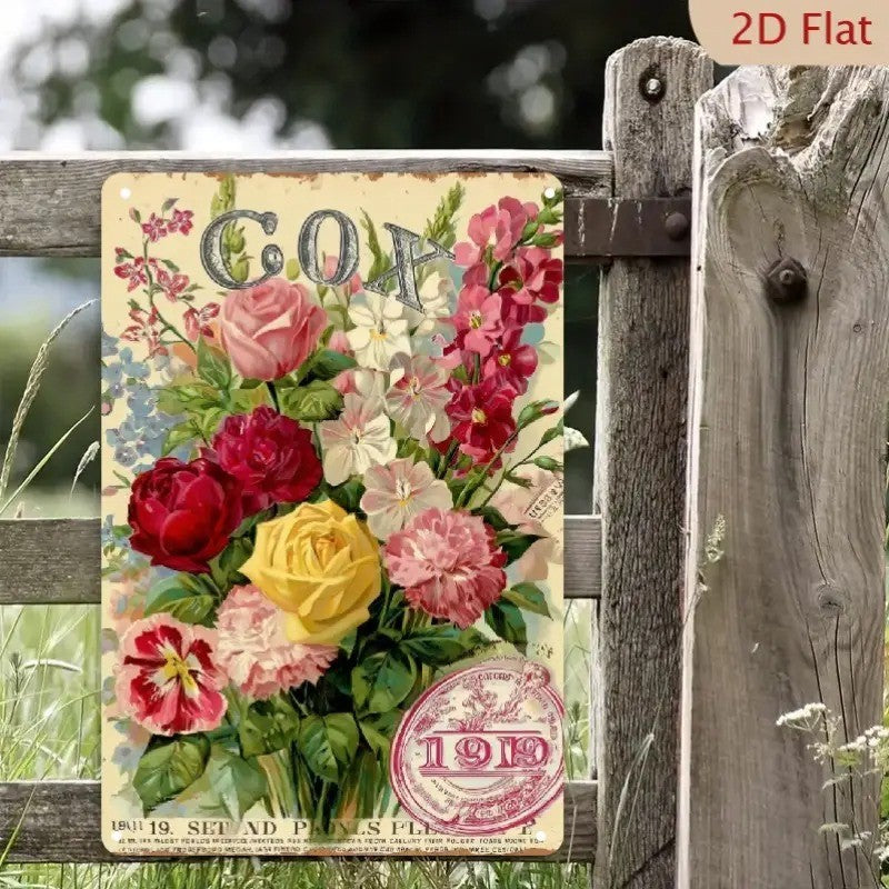Vintage Floral Metal Sign - 1919 Botanical Tin Wall Art Decor Plaque