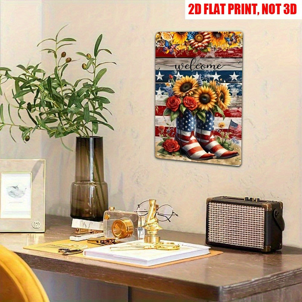 Americana Tin Sign - Sunflower & Boot Welcome Metal Poster for Front Porch
