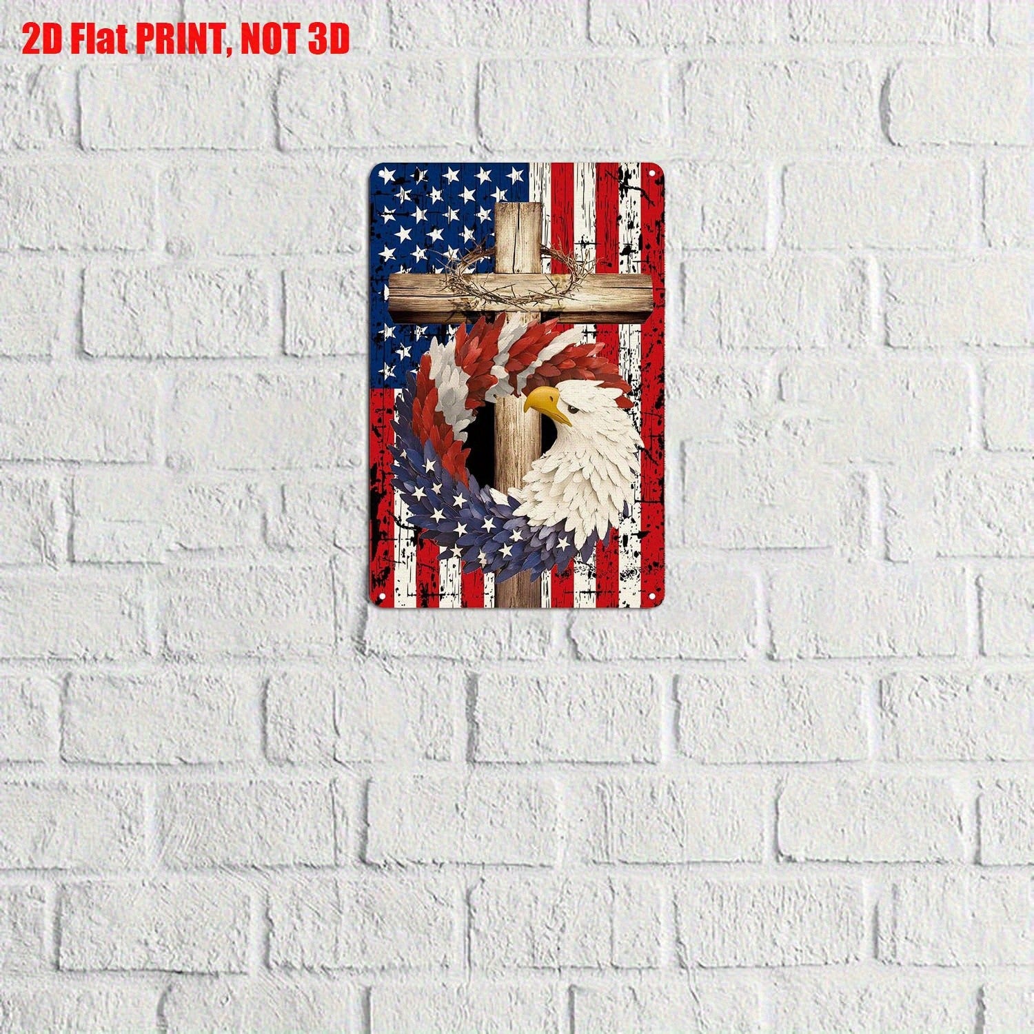 Religious American Tin Sign - Eagle Wreath Cross Metal Poster Wall Art Decor
