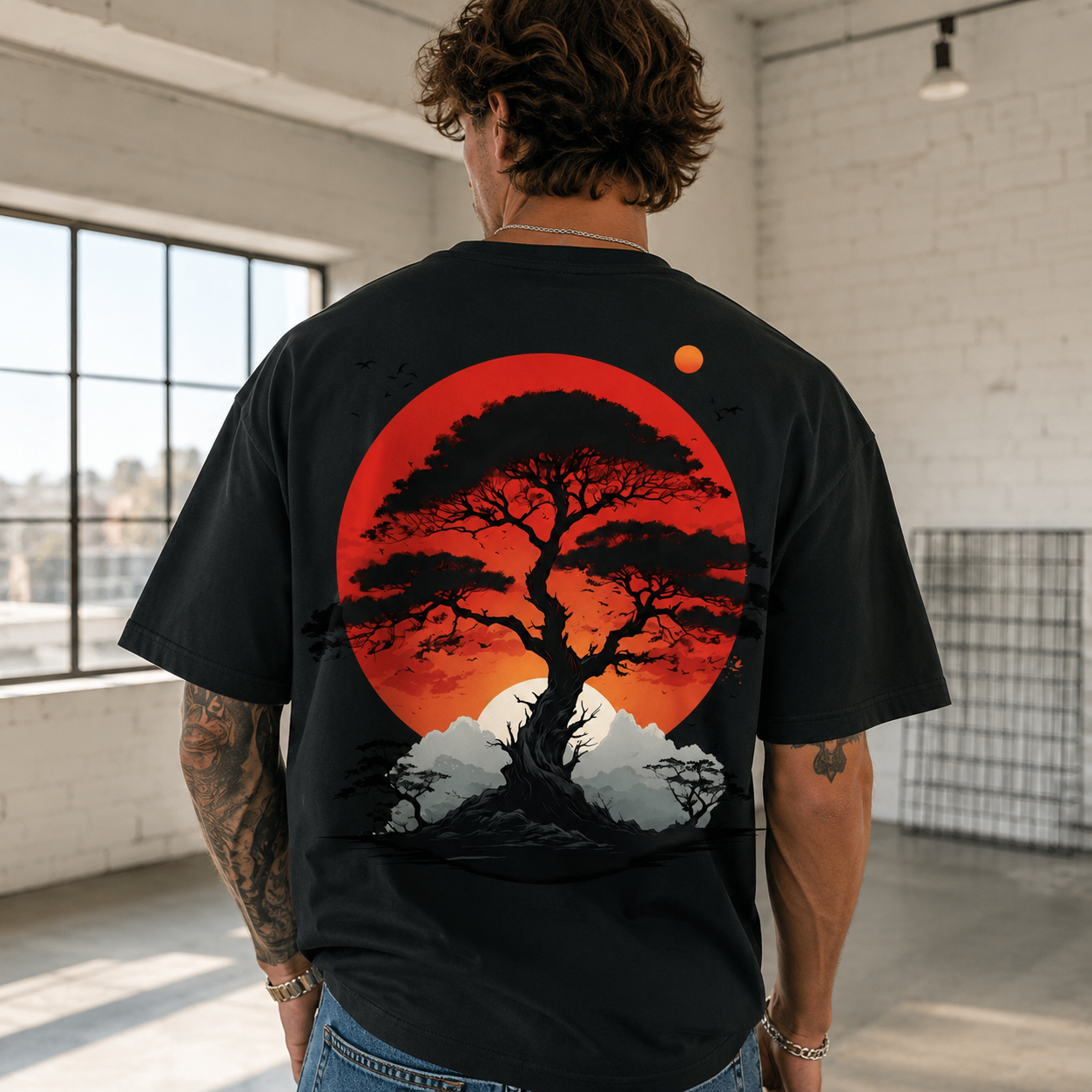 Japanese Landscape Art T Shirt Red Sun Pine Mountain Retro Graphic Casual Tee