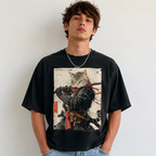 Samurai Cat Warrior Graphic T-Shirt Ukiyo-e Japanese Ink Art Tee