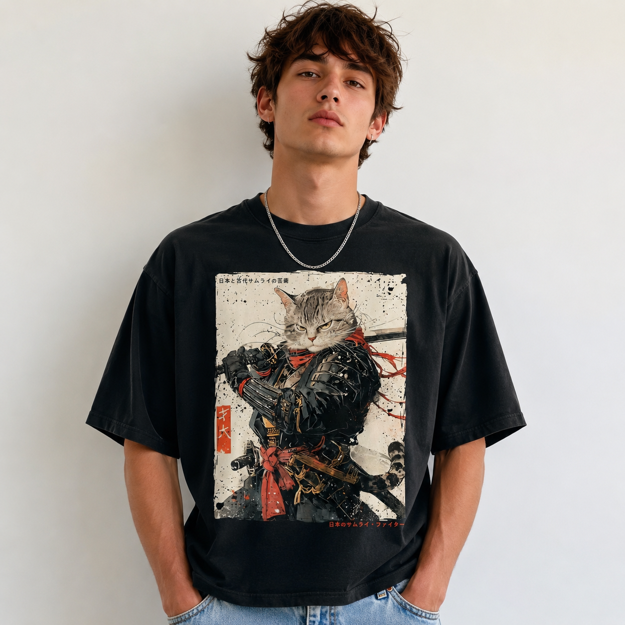 Samurai Cat Warrior Graphic T-Shirt Ukiyo-e Japanese Ink Art Tee