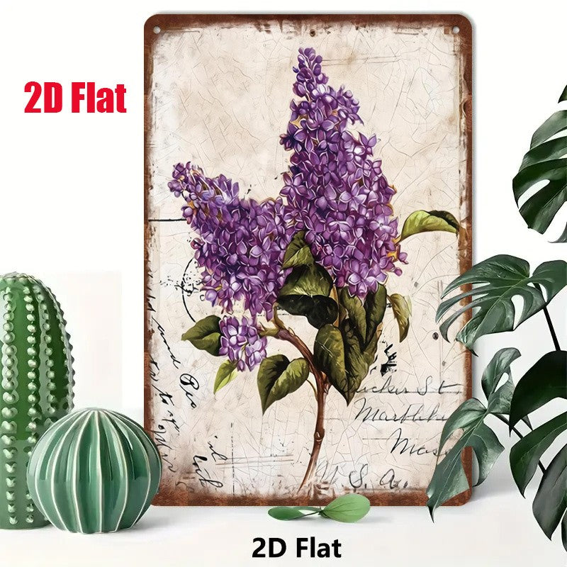 Rustic Floral Tin Sign - Purple Lilac Flower Metal Poster Wall Art Decor