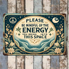Mindful Of The Energy Tin Sign Celestial Metal Wall Art Yoga Studio Room Decor