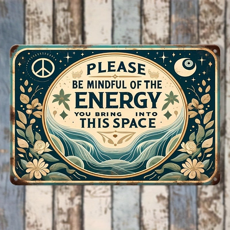 Mindful Of The Energy Tin Sign Celestial Metal Wall Art Yoga Studio Room Decor