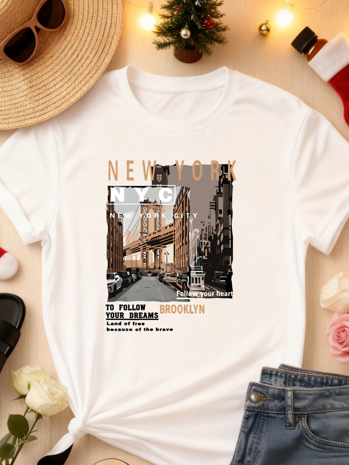 Women Brooklyn Bridge New York City Graphic T-Shirt NYC Travel Casual Tee Top