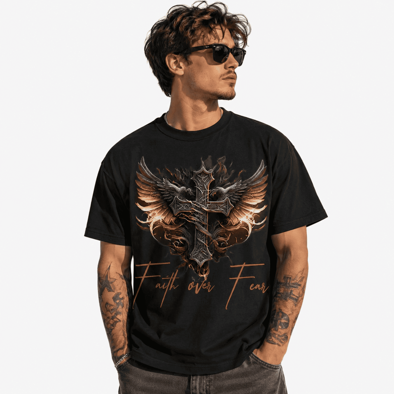 Faith Over Fear Cross T-Shirt | Gothic Winged Celtic Cross Graphic Tee