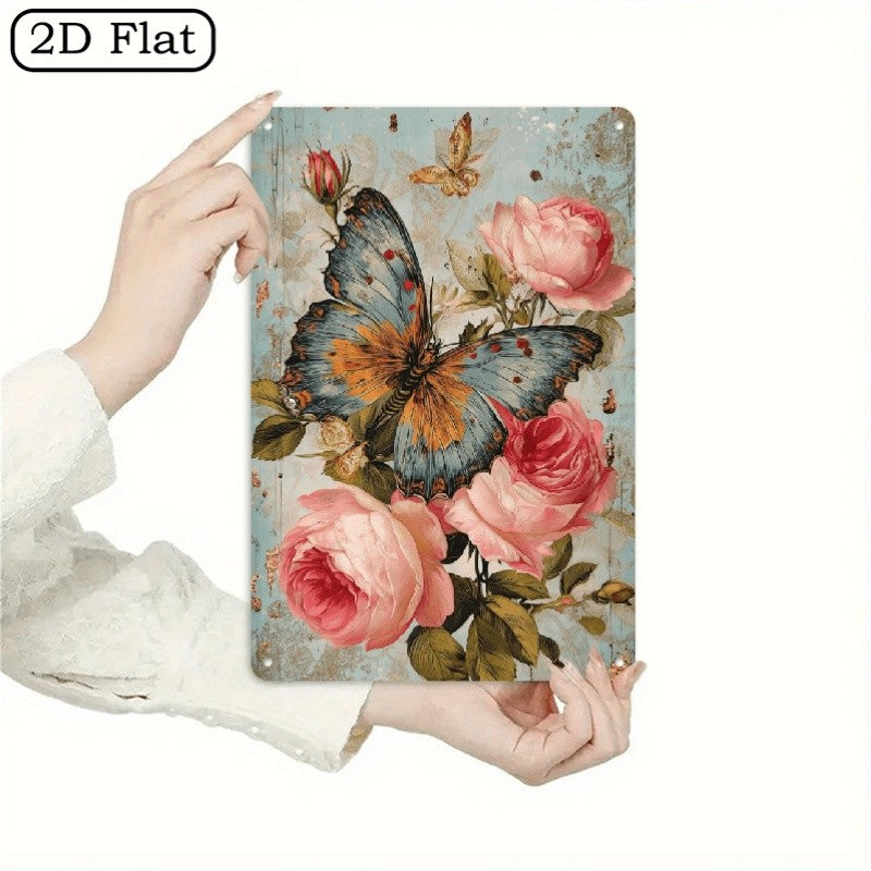 Vintage Butterfly Rose Metal Sign - Retro Floral Bouquet Tin Wall Decor