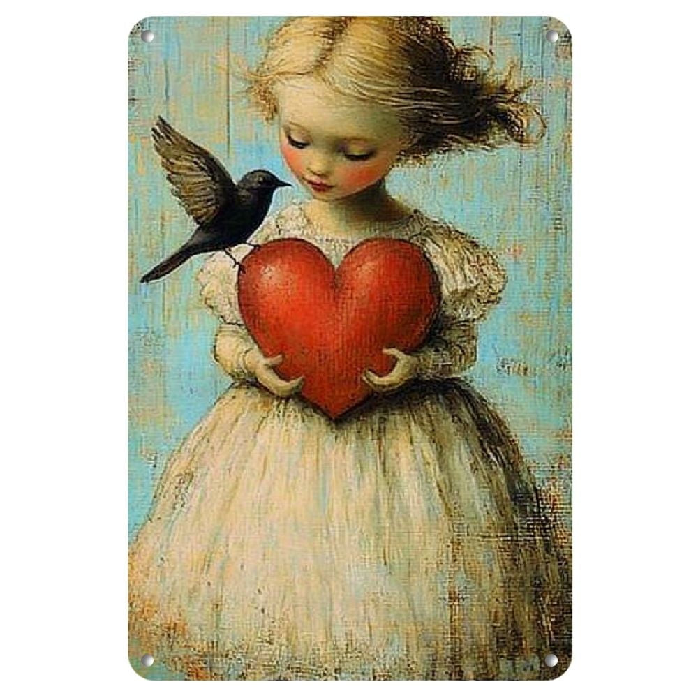 Retro Whimsical Metal Sign Vintage Girl Holding Red Heart Sweet Kitchen Decor
