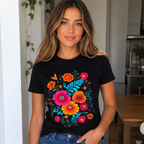 Women Mexican Floral Print T-Shirt Turquoise Hibiscus Casual Summer Crew Neck